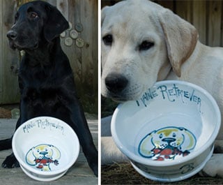 personalized pet/dog feeding bowl by Georgetown Pottery with black and white labs holding the artistic dishes