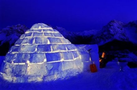 This is an actual igloo as they have been constructed for tens of thousands of years.  A practices Inuit pair can erect one of these in the space of half and hour.