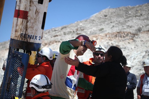 Daniel Herrera, 27, is the sixteenth trapped miner to be rescued from the San Jose mine near Copiapo, Chile on October 13, 2010.