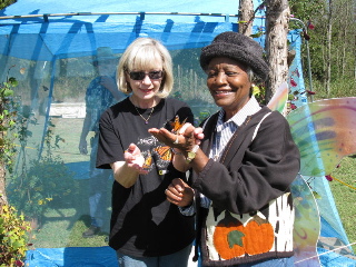 Linda Schemmer and Loretta Jackson are going to release  Monarchs  to start  their instinctive flight. Loretta came all the way from Chickasha to visit the Festival.  Photo permission by Kay Webb.