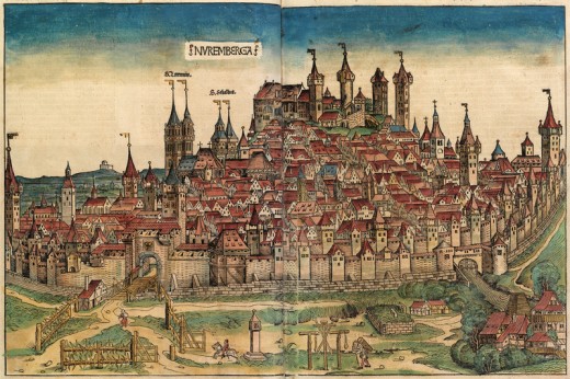 A paper mill can be seen, in the right corner of the city. This is the picture of the old city of Nuremberg. 