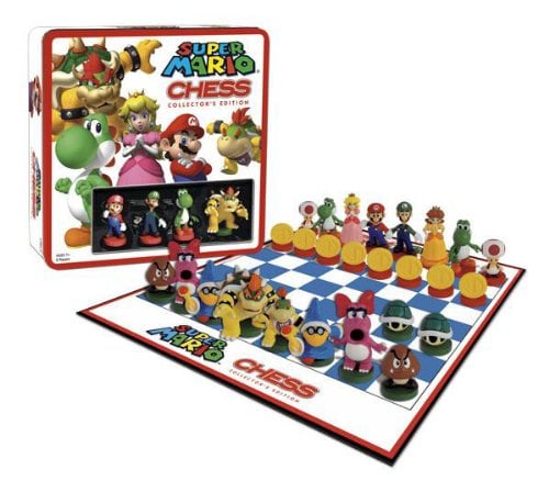 The Super Mario Brothers Chess Set features famous Mario characters like Mario, Luigi, Princess Peach, Birdo, Goomba, Toad, Bowser, Bowser Jr, Yoshi and more!