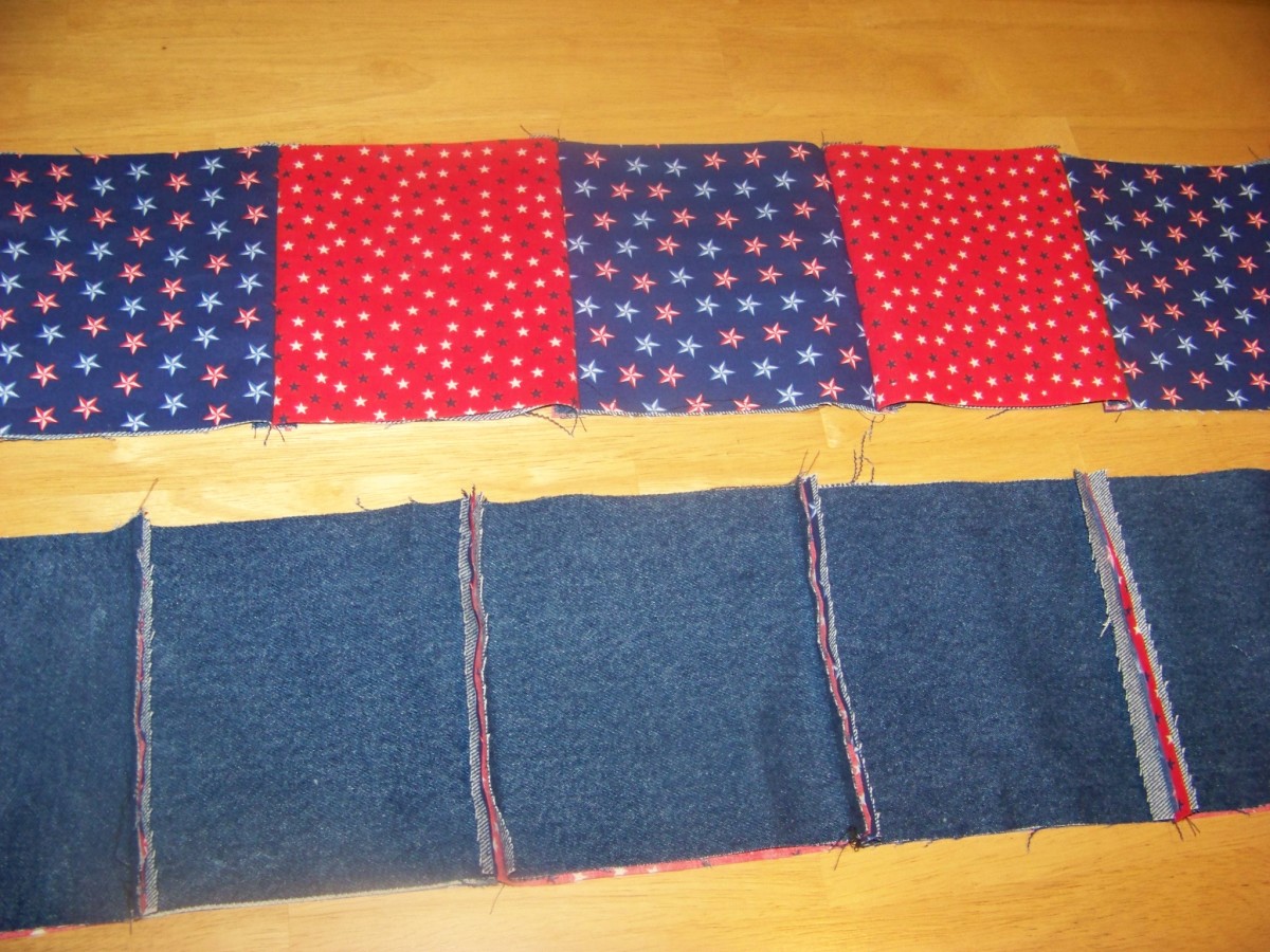 sewed rows with red and blue backing and denim showing seams.