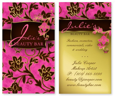 Beauty Business Card with pretty flower pattern in pink and gold, great for any makeup artist Avon professional or beauty stylist as well as a hair salon or spa or nails salon.