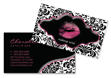 Makeup Artist Business Card with catchy lips and damask background great for any makeup professional like Avon or Mary Kay as well as a nails salon or spa or hairdresser.  Also available without the lips.