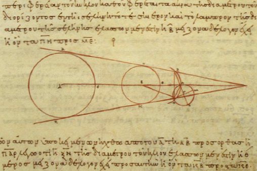 Aristarchus's 3rd century BC calculations on the relative sizes of from left the Sun, Earth and Moon, from a 10th century AD Greek copy. Image Wikipedia