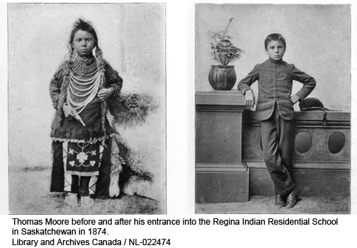 This is a before and after photo of a First Nations child being assimilated in the residential school system.