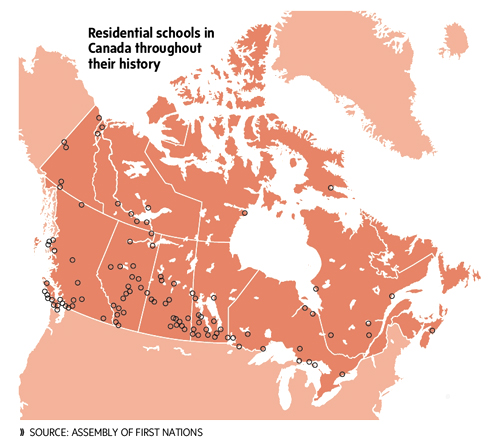 This map shows the nation wide distribution of residential schools in Canada. The attached website tells of the high casualties in these places.