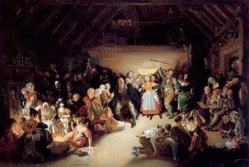 A typical "Halloween" Celebration of the 1800's - NOTE: The artist's depiction of the couples to the left are playing "Divination Games" like "Ouija". 