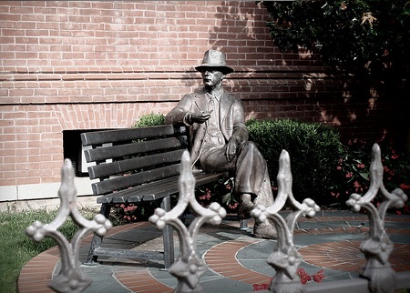 A statue of William Faulkner in Oxford, Mississippi.  His fictional town, Jefferson, was based in many ways on Oxford.