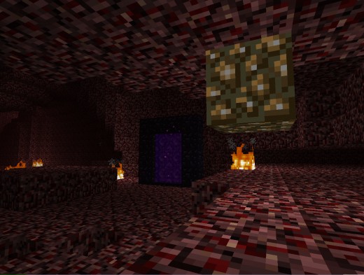 A portal appears in the dark minecraft nether.