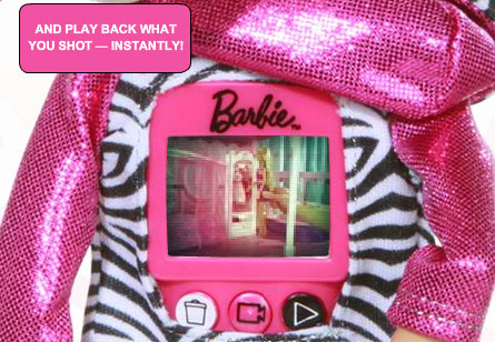 Barbie Video Doll LCD Screen on Back of fashion doll. The three labeled buttons on Barbie's back are intuitive. But the power button doubles as the record button.