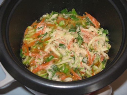 Korean style vegetable pancake made in a rice cooker.