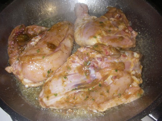 Place the marinated chicken pieces into a hot pan and seal (caramelise lightly)
