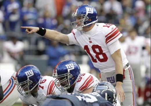 New York Giants quarterback Sage Rosenfels (18) yells audibles to his offensive line in the second half of an NFL football game against the Seattle Seahawks, Sunday, Nov. 7, 2010, in Seattle. (AP Photo/Elaine Thompson)