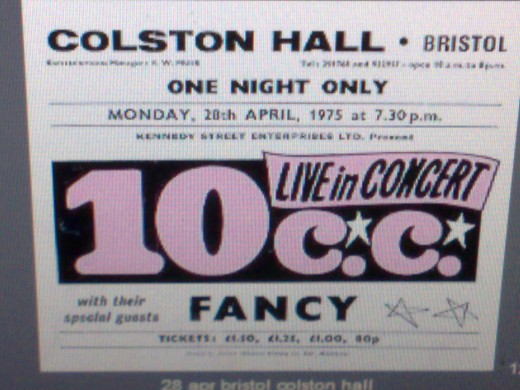 A poster advertising 10cc & special guests Fancy on the same tour I saw them on, this time from Bristol colston hall April 28th,1975. Thanks to www.minestrone.org/band