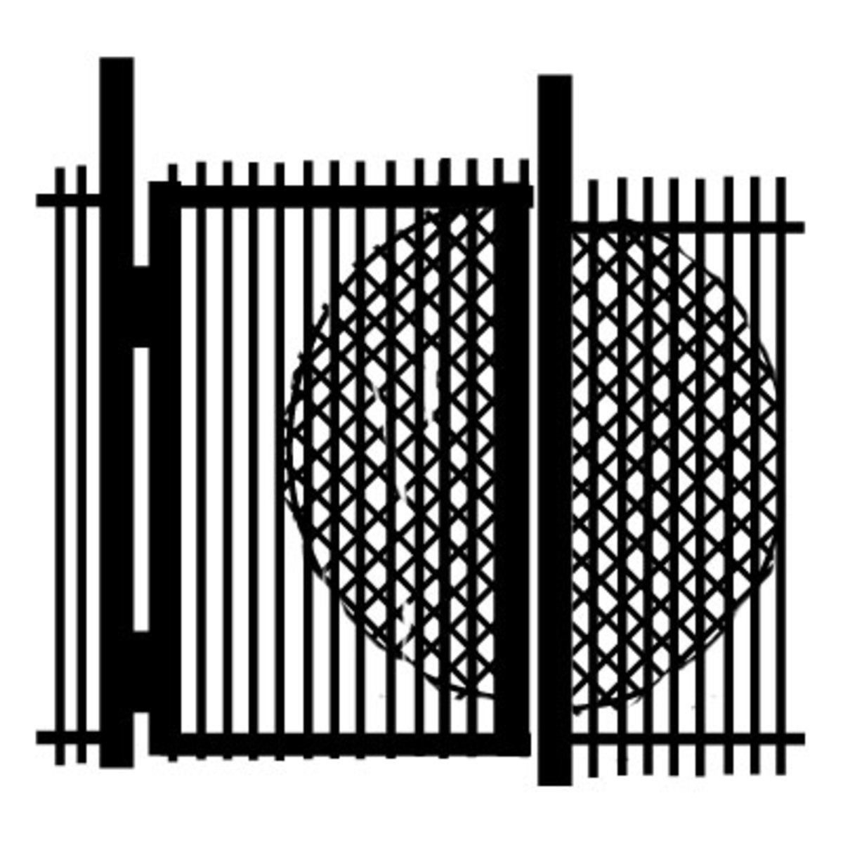 Metal gate with expanded steel mesh to guard against reach-through unauthorized entry.  