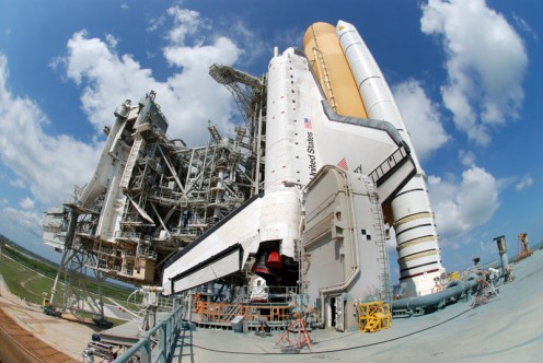 A view from the Mobile Launch Platform looking up at the Orbiter towering above.