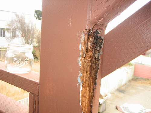 Sample of typical dry rot | wood rot at deck stairs railing