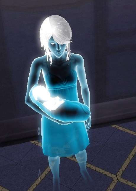 A ghost female Sim and her ghostly newborn.