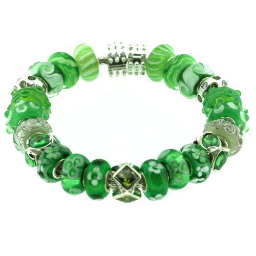 One example of a European-style bracelet owned by someone who is obviously loves the color green. NOTE: This is not a Pandora. They copyright all their photos and go into a rigor if someone uses one on the Internet without permission.