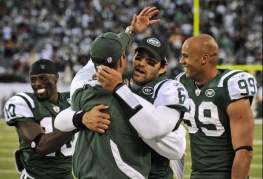 New York Jets quarterback Mark Sanchez (6) hugs offensive coordinator Brian Schottenheimer after throwing a touchdown-pass as teammates Santonio Holmes (10) and Jason Taylor (99) look on during the fourth quarter of an NFL football game against the H