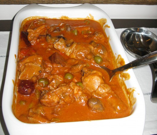 One of mom's signature dishes, Chicken with Olives and Chorizo de Bilbao