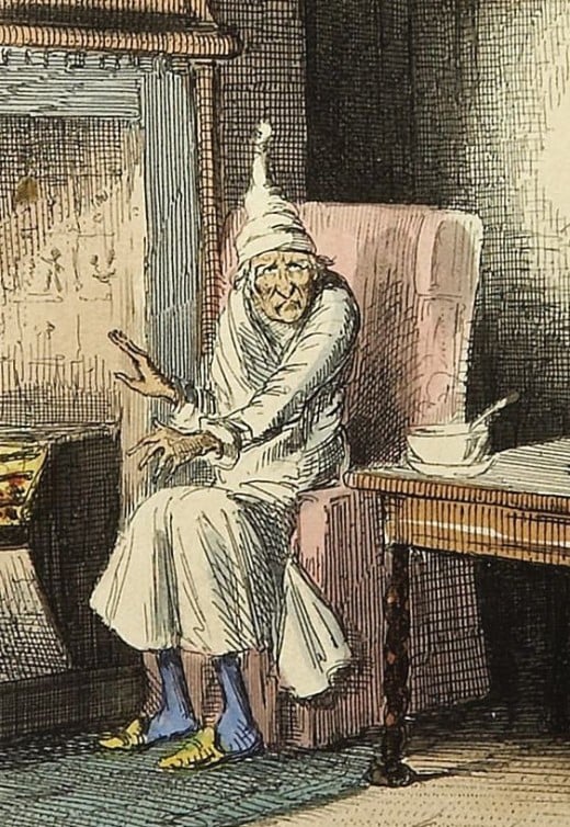 Ebenezer Scrooge in A Christmas Carol, by Charles Dickens. Illustration by John Leech, 1843.