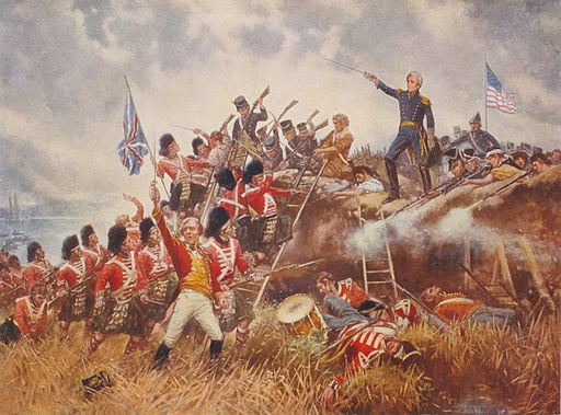 1910 painting by Edward Percy Moran. The Battle of New Orleans. General Andrew Jackson stands on the parapet of his makeshift defenses as his troops repulse attacking Highlanders