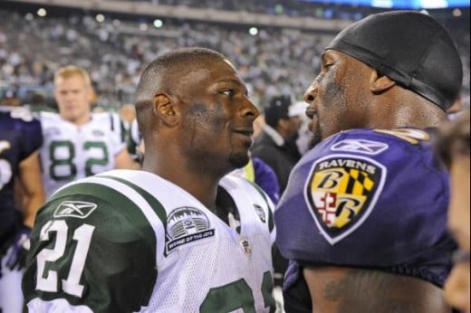 LaDainian Tomlinson, left, and Baltimore Ravens linebacker Ray Lewis Monday, Sept. 13, 2010