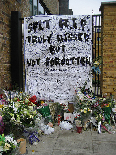 The memorial opposite where he died.