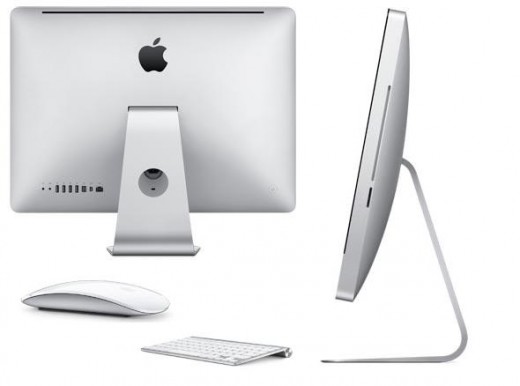 Rear and side views of Apple iMac MC508LL/A with magic mouse and wireless keyboard