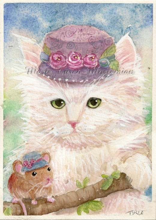 Persian Killy and Mouse in Victorian Hats. Painting by Marie Turco Moslemian