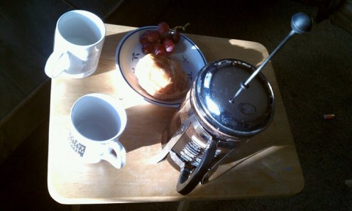 Bodum French Press pre-compression with cheddar croissant and red globe grapes