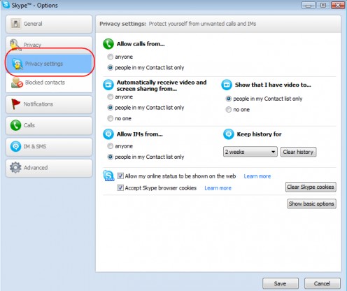 Diagram 9.  Skype privacy settings