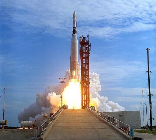 The Agena Target Vehicle is launched using an Atlas booster. Phot courtesy of NASA.