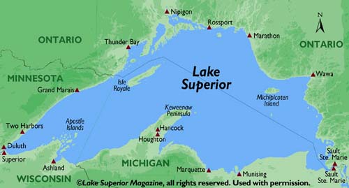 (englishexercises.org) Lake Superior shown in the map above.  Note that that the leg between Superior WI and the locks at Sault Ste. Marie would have taken The Fitz the entire breadth of Lake Superior. 