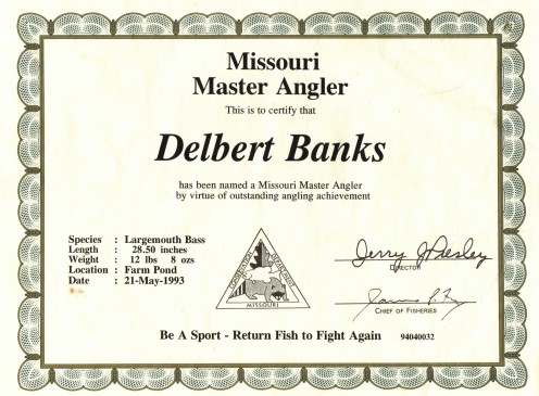 A certificate that I was presented with by the Missouri Conservation Dept. for the near record bass.