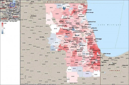 Graphic Map Detailing Foreclosure Heat Map for Illinois - Chicago land Area