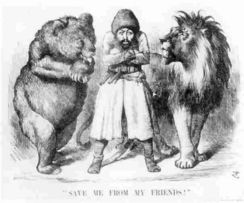 "Punch" cartoon from 1878. The amir in the middle is Shir Ali who wanted an alliance with Russia.