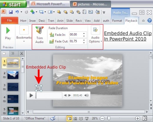 A view of editing embedded audio clip in PowerPoint 2010