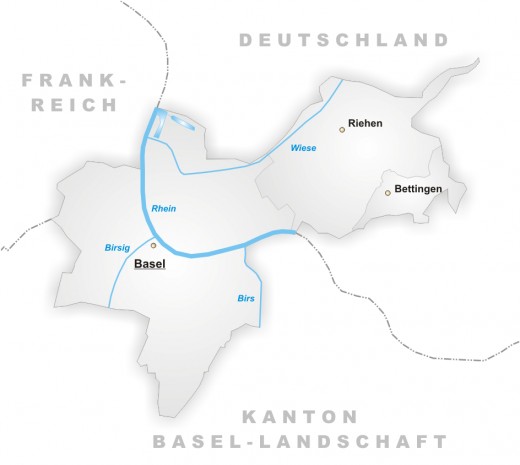 Map showing the City of Basel's location on the Rhine, bordering France and Germany