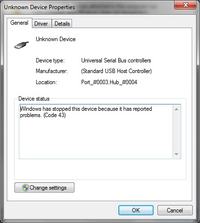 Windows has stopped this device because in has reported problems. (Code 43)