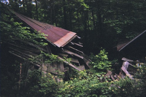 The collapsed roof of the old mll.