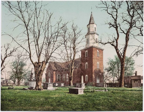 Bruton Parish Church, Williamsburg. Historic church and cemetery pictured on a postcard from around 1900.