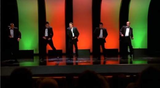 The Acafellas performing at the PTA meeting and in front of Josh Groban