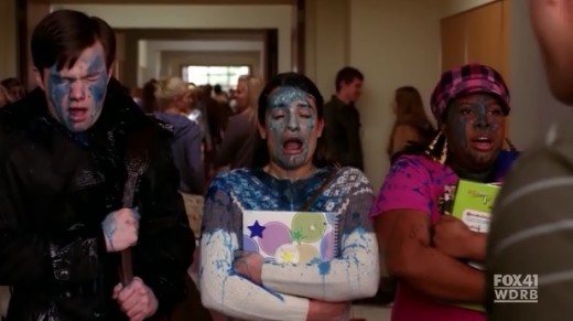 Rachel, Kurt and Mercedes getting slushied in the face