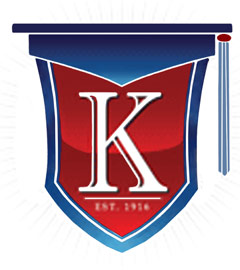 Keith Country Day School Flag in blue red with a white capital K