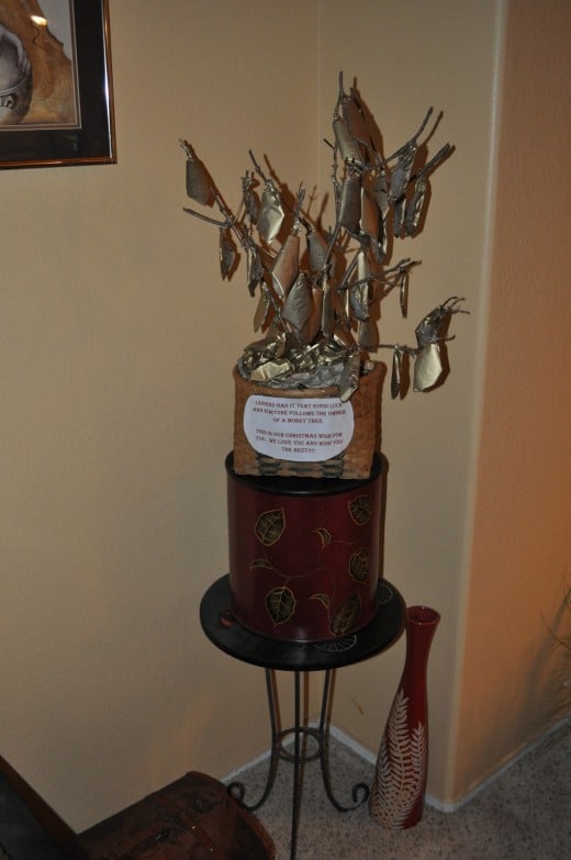 While the Chinese myth is about the idea of a money tree, you can actually have your very own, with a little creativity. Yes, this tree has dollar bills hanging as leaves... it was given as a present in hopes of fortune and good luck!