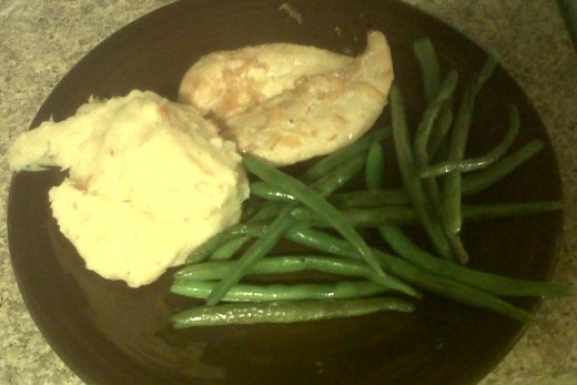 Our attempt at a fancy meal: Smokey Orange Chicken, Warm Potato Salad (that I accidentally turned into mashed potatoes), and Sauteed Green Beans.